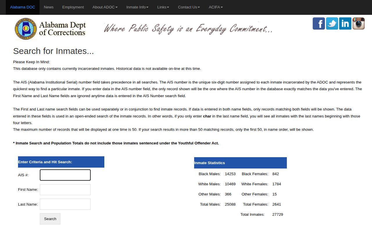 Limestone County inmate release date ADOC offender search page