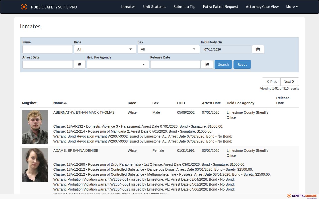 Limestone County released inmates portal with release date search controls